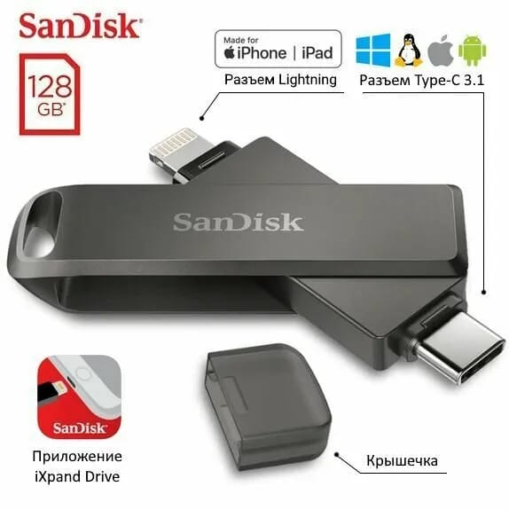 Флешка SanDisk 128GB iXpand Luxe Type-C, Lightning - изображение №8
