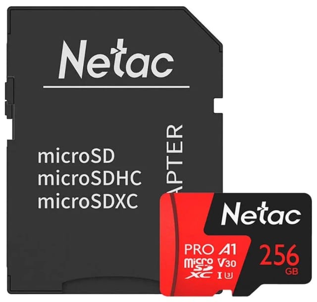 Карта памяти Netac microSDXC 256 ГБ Class 10, V30, A1, UHS-I, R 100 МБ/с, адаптер на SD, 1 шт., черный/красный - изображение №1