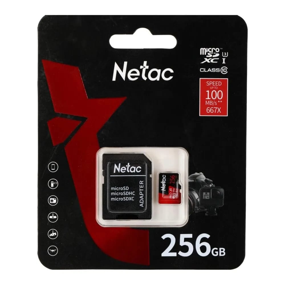 Карта памяти Netac microSDXC 256 ГБ Class 10, V30, A1, UHS-I, R 100 МБ/с, адаптер на SD, 1 шт., черный/красный - изображение №10