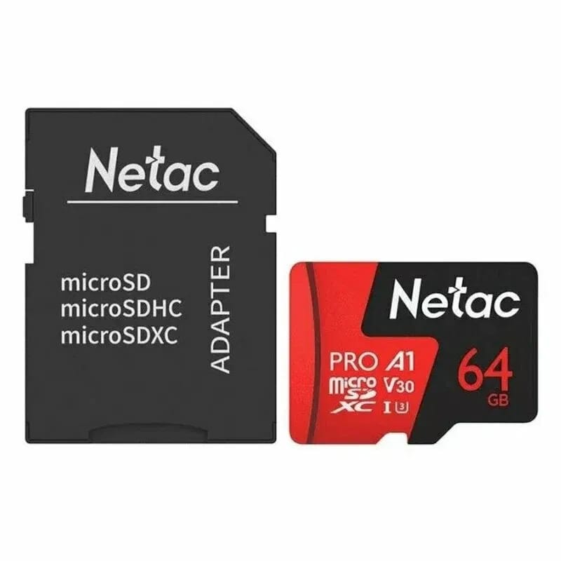 Карта памяти Netac microSDXC 64 ГБ Class 10, V30, A1, UHS-I U3, R 100 МБ/с, адаптер на SD, 1 шт., черный/красный - изображение №1