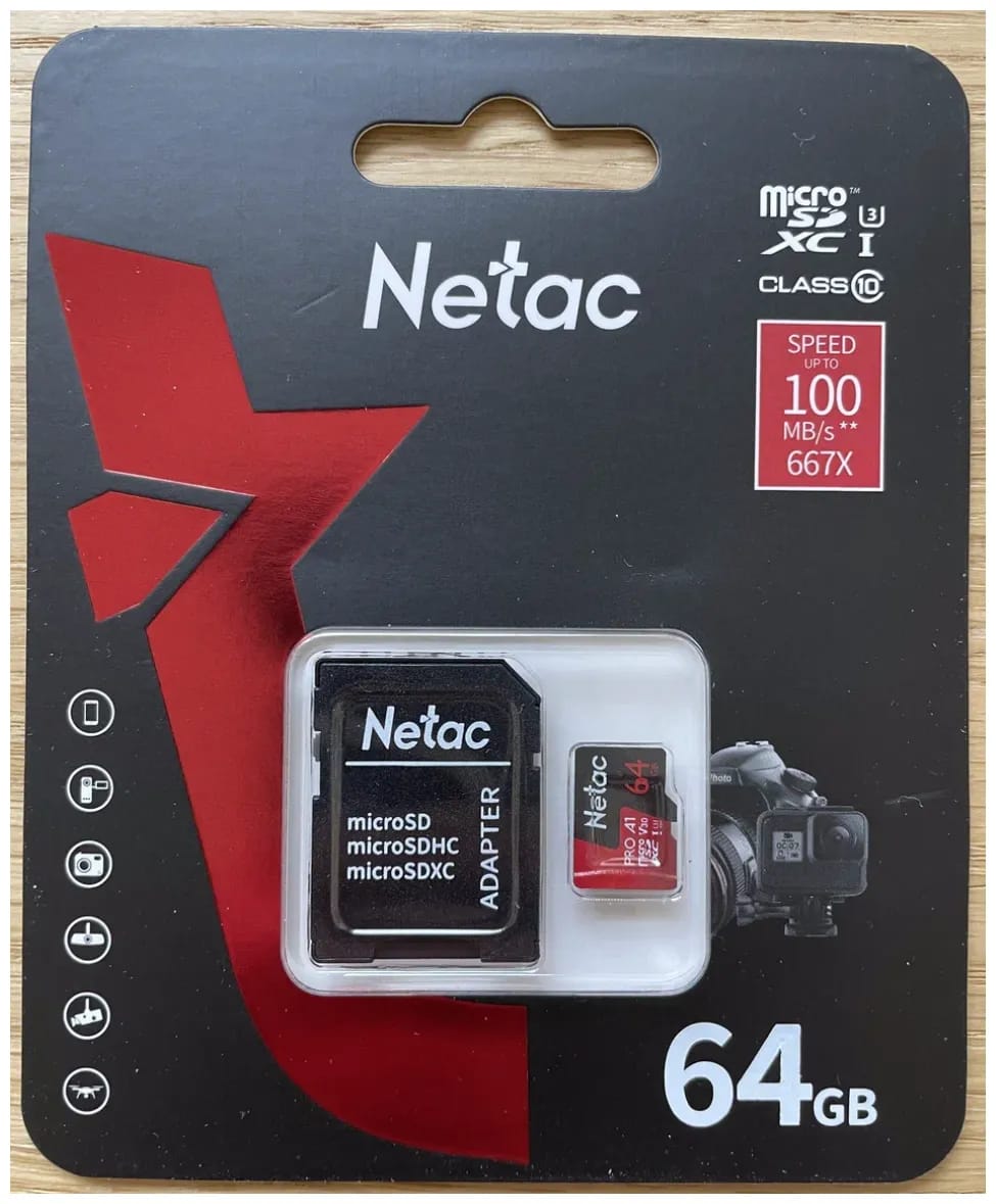 Карта памяти Netac microSDXC 64 ГБ Class 10, V30, A1, UHS-I U3, R 100 МБ/с, адаптер на SD, 1 шт., черный/красный - изображение №5
