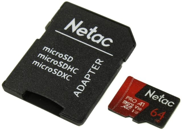 Карта памяти Netac microSDXC 64 ГБ Class 10, V30, A1, UHS-I U3, R 100 МБ/с, адаптер на SD, 1 шт., черный/красный - изображение №2