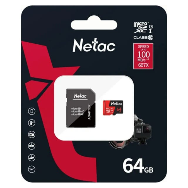 Карта памяти Netac microSDXC 64 ГБ Class 10, V30, A1, UHS-I U3, R 100 МБ/с, адаптер на SD, 1 шт., черный/красный - изображение №11