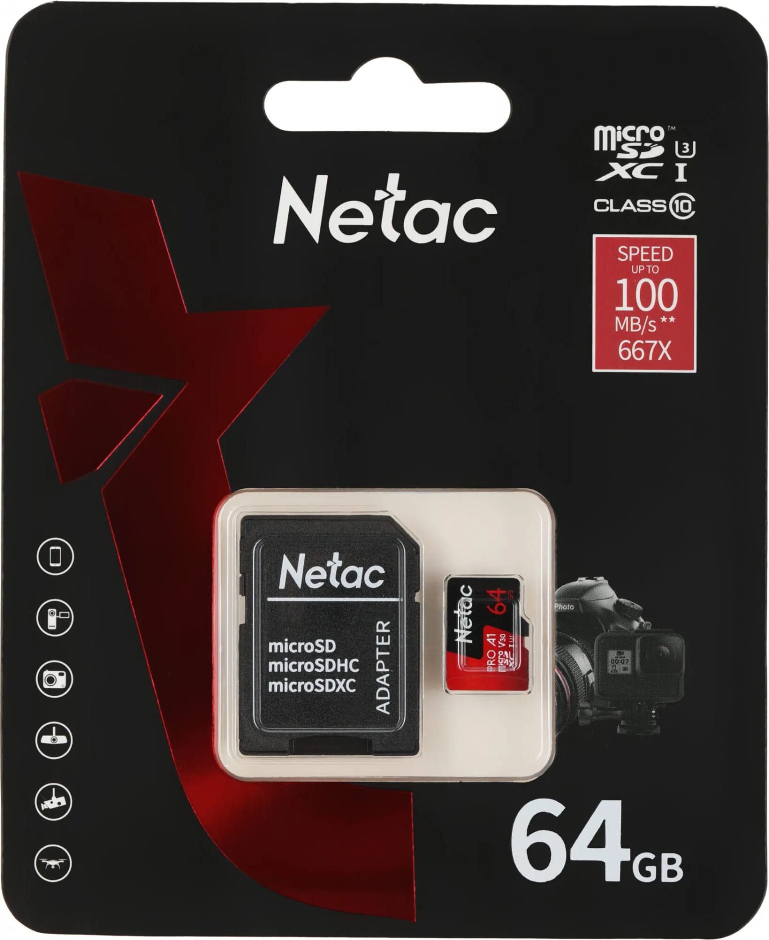 Карта памяти Netac microSDXC 64 ГБ Class 10, V30, A1, UHS-I U3, R 100 МБ/с, адаптер на SD, 1 шт., черный/красный - изображение №19