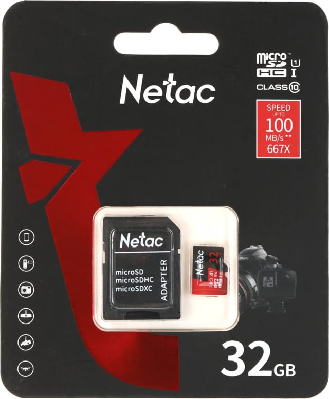 Карта памяти Netac MicroSD 32GB V10A1C10 100Mb/s+adp - изображение №5