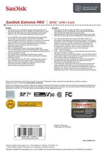 Флеш накопитель 512 Гб SanDisk SDXC 512GB Extreme Pro UHS-I V30 U3 200/140 MB/s - изображение №3