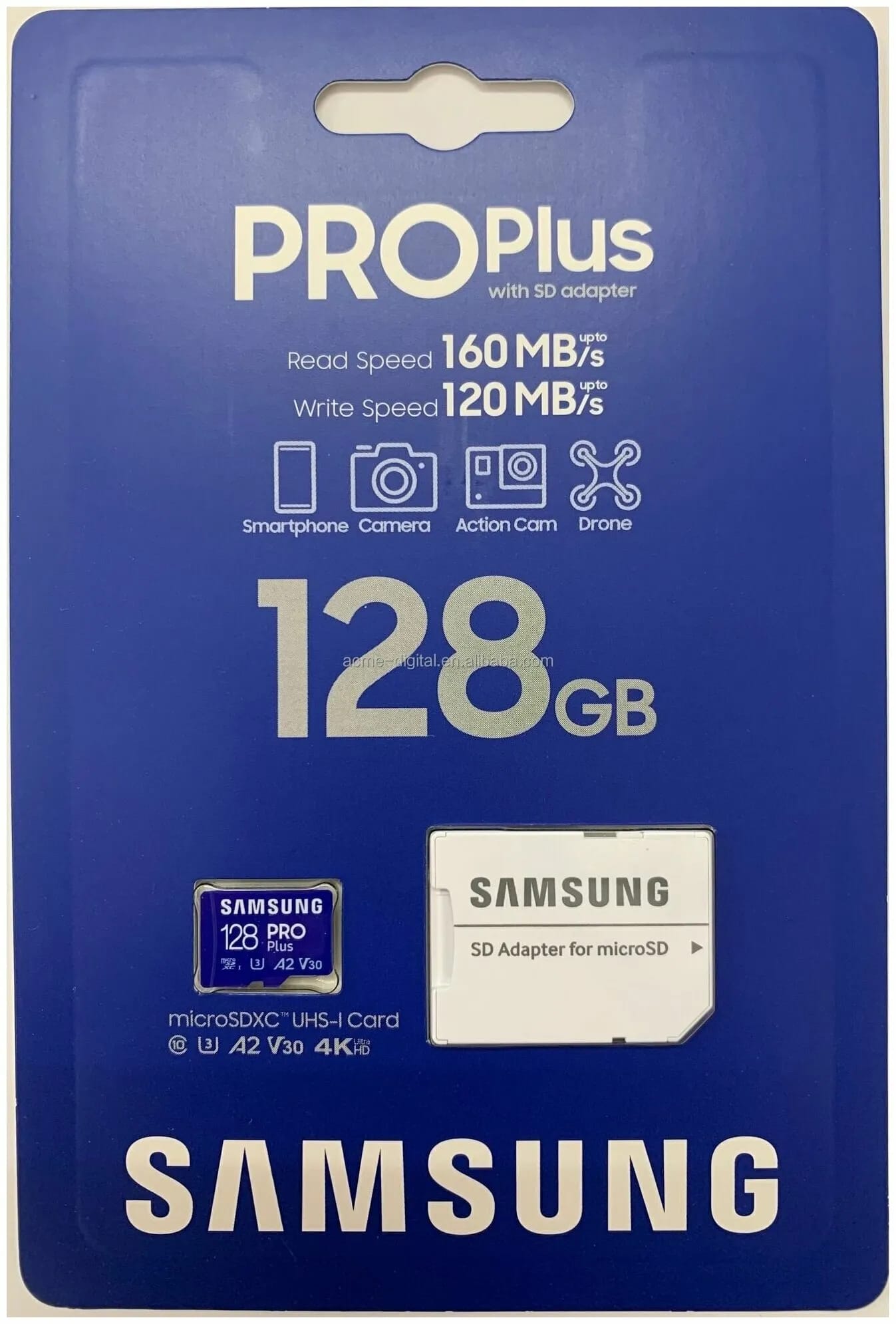 Карта памяти Samsung microSDXC 128 ГБ Class 10, V30, A2, UHS-I U3, R/W 160/120 МБ/с, адаптер на SD, 1 шт, синий - изображение №1